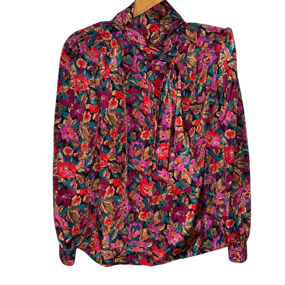 Vintage 80s floral blouse, burgundy floral, purple floral,  80s statement blouse